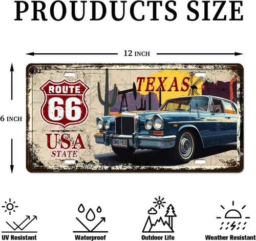 Miniatura 2 de Texas Route 66 - Letrero decorativo para placa de matrícula vintage de Estados Unidos, 12 x 6 pulgadas
