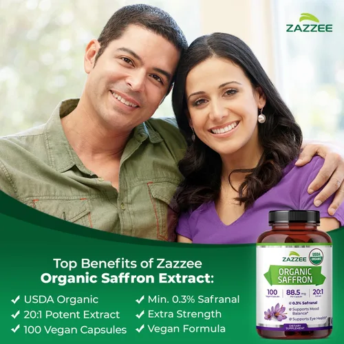 Miniatura 4 de Zazzee USDA Extracto orgánico 20:1 de azafrán, 88.5 mg, 0.3% safranal, 100 cápsulas veganas, suministro para más de 3 meses, extracto concentrado