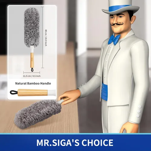Miniatura 2 de MR.SIGA Plumero de microfibra sin pelusas, lavable y reutilizable, con mango de bambú y cabezal reemplazable, plumero para limpieza del hogar