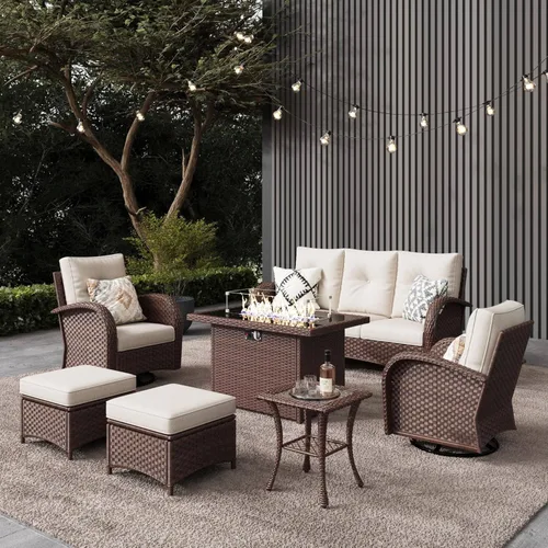 Miniatura 13 de LayinSun - Juego de 10 piezas de muebles seccionales de patio para el aire libre con mesa para fogata, juegos de sillas giratorias reclinables