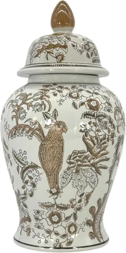 Miniatura 11 de Galt International Jarrón de Templo de Cerámica Chinoiserie Floral Marrón y Blanco de 18" con Tapa - Jarrón de Jengibre Decoración para Hogar