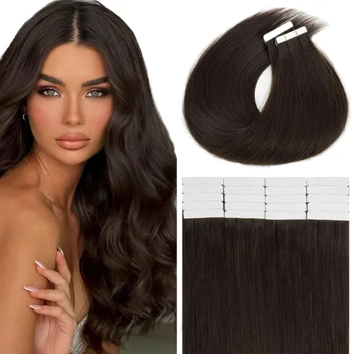 Miniatura 33 de Lacer Extensiones de cabello humano con cinta, cabello humano castaño mezclado con marrón oscuro con raíces de color marrón oscuro, invisible