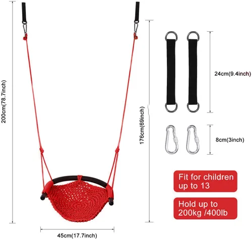 Miniatura 3 de Asiento de columpio para niños de servicio pesado, cuerda de juego, juego de columpio seguro para niños, perfecto para interiores, exteriores, Rojo