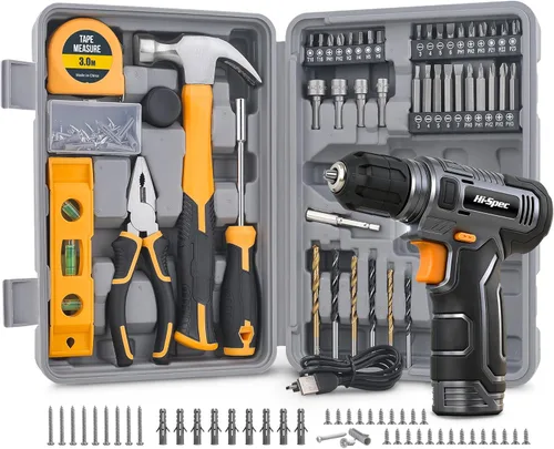 Hi-Spec Juego de taladro inalámbrico de 8 V y kit de herramientas para el hogar, destornillador eléctrico recargable por USB, juego de herramientas