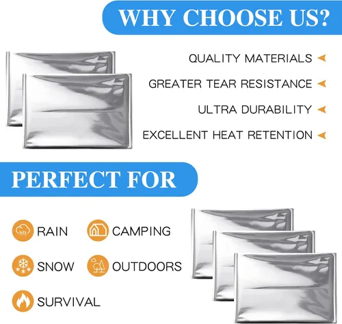 Miniatura 3 de Macarrie Paquete de 75 mantas térmicas de papel de emergencia de papel de aluminio plateado para supervivencia al aire libre, camping, senderismo