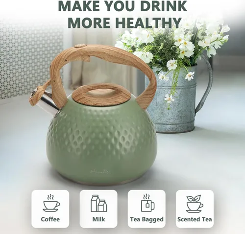 Miniatura 6 de Tetera de Harriet para estufa, tetera de 2.5QT con silbato de 5 capas en la parte inferior, tetera de acero inoxidable de grado alimenticio con Verde