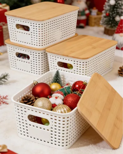 Miniatura 7 de EOENVIVS Contenedores de almacenamiento con tapas de bambú, paquete de 6 cestas de almacenamiento de plástico y contenedores de almacenamiento