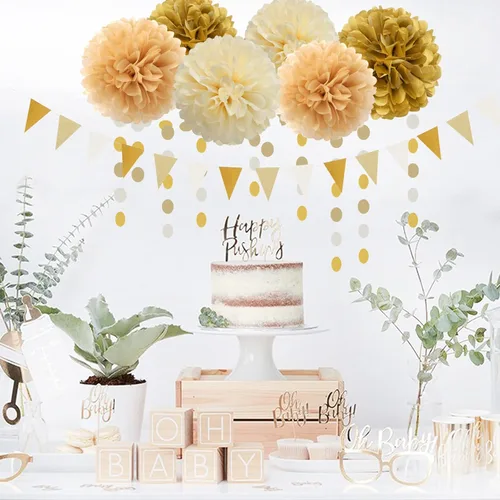 Miniatura 6 de Decoraciones de Fiesta de Champán de Oro Blanco - 23 piezas Pompones de Papel de Seda Serpentinas, Guirnalda de Borlas de Boda de Compromiso