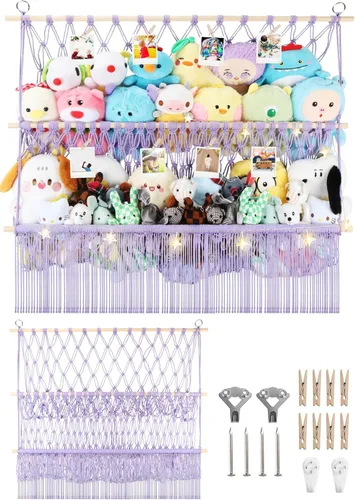 Miniatura 14 de Red de almacenamiento de animales de peluche de 2 niveles, 17 x 32 pulgadas, organizador grande de animales de peluche para pequeños rellenos