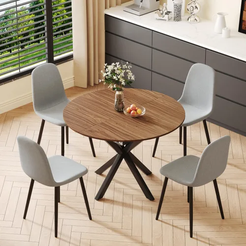 Miniatura 16 de Juego de mesa de comedor redonda para 4, juego de mesa de comedor extensible de 43-59 pulgadas, mesa de grano de madera de nogal y 4 sillas
