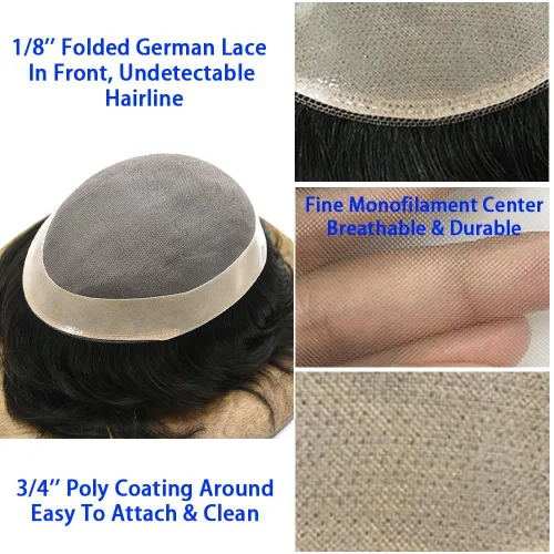 Miniatura 3 de Mono Toupee fino para hombres Sistema de reemplazo de cabello humano real Piezas de cabello humano para hombres Sistema de pelo Toupee para hombres