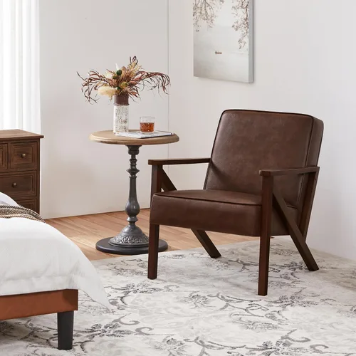 Miniatura 14 de Yaheetech Silla Decorativa, Sillón con Estructura de Madera Resistente, Silla de Estar Moderna y Retro de Piel Sintética para Sala de Marrón claro