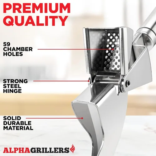 Miniatura 8 de Alpha Grillers Prensa de ajo de acero inoxidable, fácil de limpiar, a prueba de óxido, apta para lavavajillas, prensa de ajo de acero inoxidable