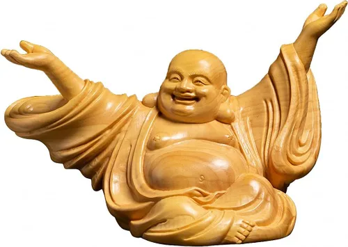 Miniatura 10 de Estatua de Buda Maitreya Maitreya tallada a mano de boj natural (ventilador de bolsa de tela)
