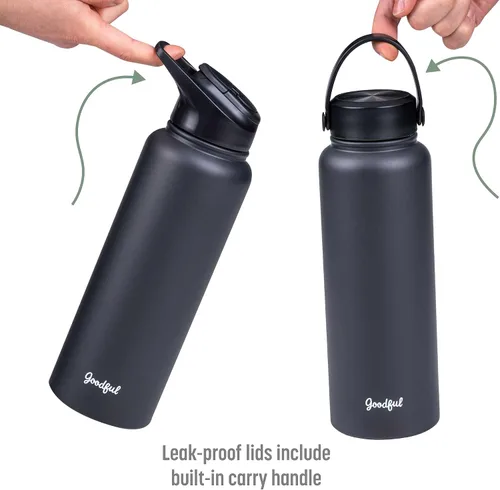 Miniatura 5 de Goodful Botella de agua de doble pared sellada al vacío, aislada con dos tapas intercambiables, tapas para beber o tragar, a prueba de fugas, boca