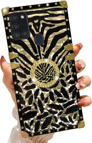 Funda para teléfono Samsung Galaxy A21S con soporte de anillo, diseño retro elegante de lujo, estampado de leopardo, guepardo, dorado, protección