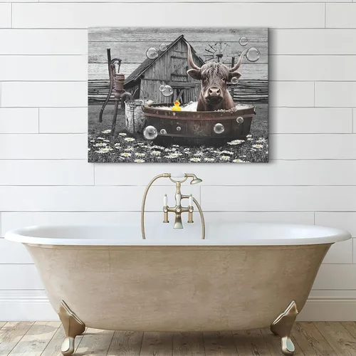 Miniatura 4 de Divertido arte de pared de vaca de las tierras altas, imágenes de baño, decoración de granja, 12 x 16 pulgadas enmarcado