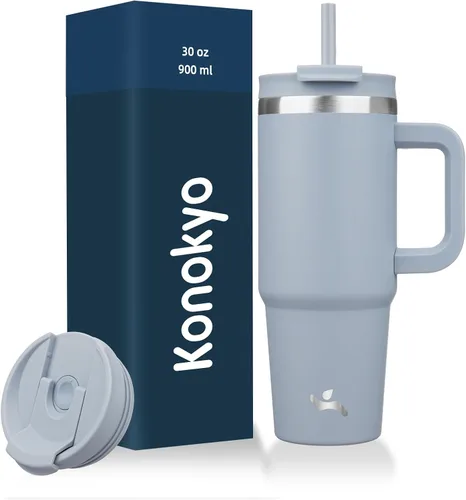 Miniatura 46 de Konokyo - Vaso de 40 onzas con asa y 2 pajillas, botella de agua aislada 2 en 1 con tapa. Taza de viaje de acero inoxidable para café, flores