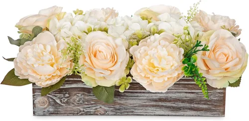 Miniatura 11 de DILATATA Arreglo floral con jarrón de madera, flores artificiales de 10 pulgadas en maceta, flores falsas en jarrón rectangular de madera blanco