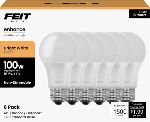Miniatura 14 de Feit Electric Bombillas LED A19 equivalentes a 100 W, regulables, blanco brillante de 3000 K, 1600 lúmenes, vida útil de 22 años, base E26, CRI 90