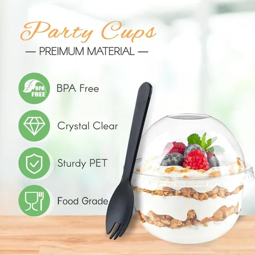 Miniatura 3 de Zezzxu Paquete de 50 Vasos de Postre de Plástico de 9 oz con Tapas de Cúpula (Sin Agujero) y Sporks, Vasos de Frutas Desechables Transparentes