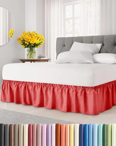 Falda de cama envolvente con volantes, color rojo, para camas de tamaño matrimonial con altura de 30 cm CGK Linens - Falda de cama plisada con tela
