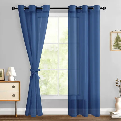 Miniatura 32 de Hiasan - Cortinas traslúcidas de gasa cortas semitransparentes con ojales y alzapaños filtrantes de luz para ventana, dormitorio, baño, 2 paneles