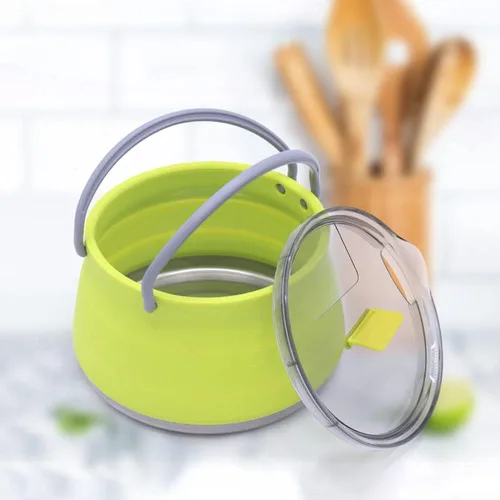 Miniatura 5 de Cacerola plegable, utensilios de cocina para campamento, senderismo, silicona plegable, hervidor de agua con tapa, utensilios de cocina, viaje, Azul