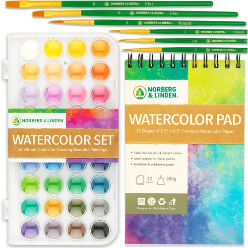 Norberg & Linden - Juego de pintura de acuarela, 36 pinturas de primera calidad, block de 12 hojas, 6 pinceles, suministros de pintura con paleta,
