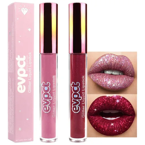 Miniatura 18 de evpct Juego de lápiz labial y brillo de labios 2 en 1 con purpurina color rosa nude metálico brillante para mujeres, de larga duración, impermeable