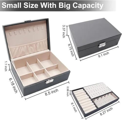Miniatura 7 de MRMOSY Joyero organizador para mujeres y niñas caja de almacenamiento de 2 capas grande para hombres caja de joyería de piel sintética con bandeja