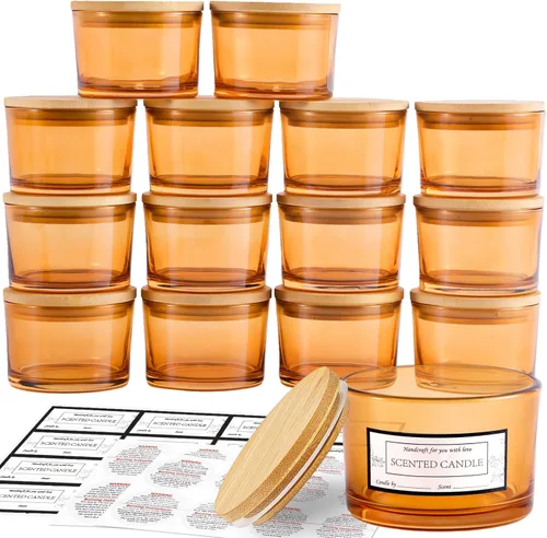 Miniatura 9 de CONNOO Paquete de 15 tarros de vela de vidrio ámbar dorado de 4 onzas con tapas herméticas de bambú para hacer velas, recipientes vacíos de boca Oro