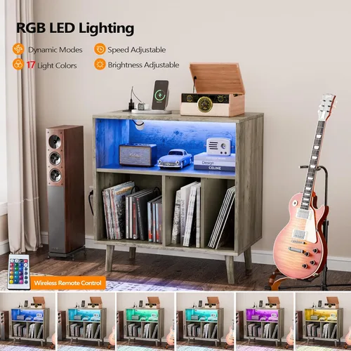 Miniatura 5 de VINGLI Soporte para tocadiscos con almacenamiento de vinilo abierto, mesa de almacenamiento de álbumes de mediados de siglo con luz LED de hasta 300