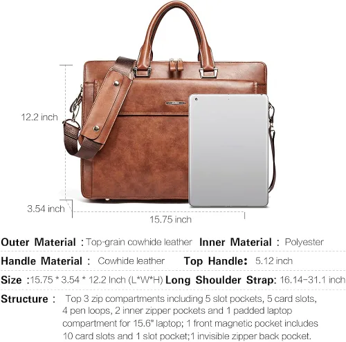 Miniatura 4 de CLUCI Maletines de cuero de cera de aceite para mujer, delgado, grande, para negocios, 15.6 pulgadas, bolsa de hombro vintage para hombre