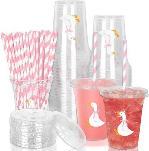 Miniatura 42 de Whaline 50 vasos de plástico desechables patrióticos de 12 onzas con tapas y pajitas con la bandera estadounidense del 4 de julio, vasos