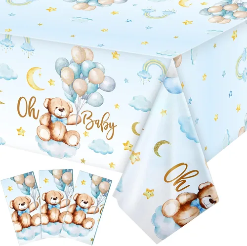 Tatuo Paquete de 3 manteles rectangulares de plástico con diseño de oso para baby shower, para niños y niñas, revelación de género, cumpleaños, baby