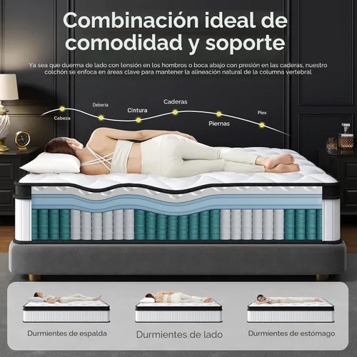 Miniatura 2 de Colchón Queen de 12 pulgadas tamaño Queen en una caja con espuma viscoelástica y resortes individuales para aislamiento de movimiento, alivio