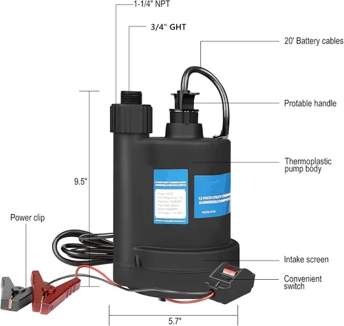 Miniatura 3 de Bomba de agua Bomba sumergible DC 12V Bomba de sumidero 1500 GPH Bomba de utilidad con interruptor-Negro