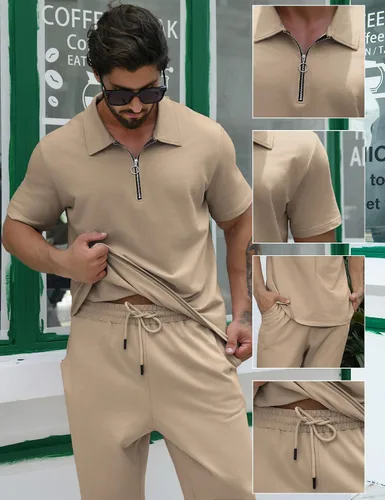 Miniatura 3 de Chándal deportivo para hombre, 2 piezas, camisa polo y pantalones deportivos con cremallera de cuatro, sudadera de color liso, pantalones deportivos