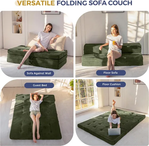 Miniatura 3 de MAXYOYO Sofá cama plegable de 4 pulgadas, sofá plegable copetudo, sofá portátil con asas, cubrecolchón de cama de invitados, tapete portátil