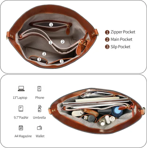 Miniatura 3 de Bolso de mano de cuero genuino para mujer con cremallera, bolsos de hombro grandes para mujer, bolsos cruzados de diseñador, bolso con asa superior