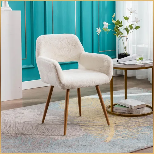 Miniatura 2 de Silla de escritorio peluda, moderna silla de oficina en casa sin ruedas, silla de tocador de piel sintética con respaldo hueco, cómodo sillón