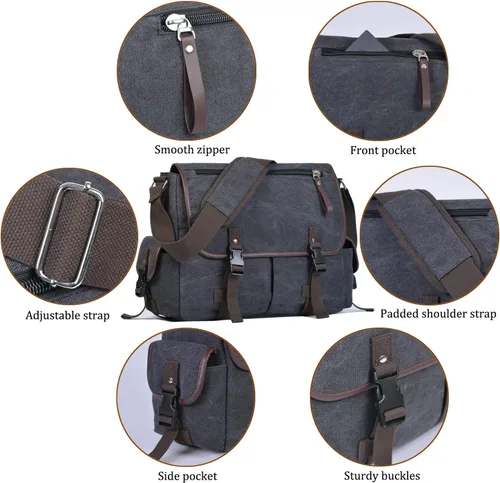 Miniatura 5 de Bolsa de mensajero vintage de lona para laptop de 15.6 pulgadas para hombres y mujeres, bolsa de hombro para computadora universitaria, maletines