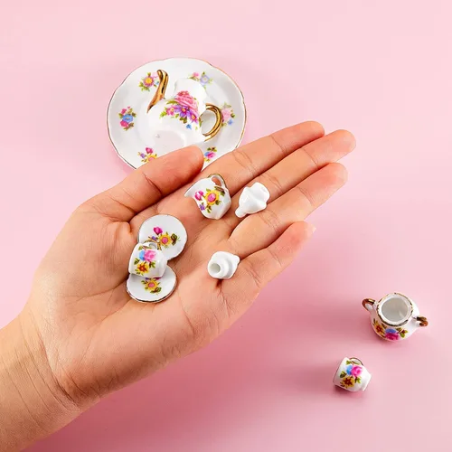 Miniatura 2 de Skylety Juego de tazas de té para casa de muñecas 1:12, accesorios de porcelana en miniatura, 8 piezas de porcelana en miniatura, diseño de flores