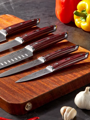 Miniatura 9 de FOHERE Juego de cuchillos de chef, 5 cuchillos de cocina ultra afilados con mango ergonómico de madera de Pakka roja, juego de cuchillos
