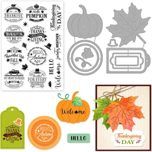ORIGACH Juego de sellos y troqueles transparentes de palabras de felicitación de otoño, sellos de silicona y troquelado de metal para hacer