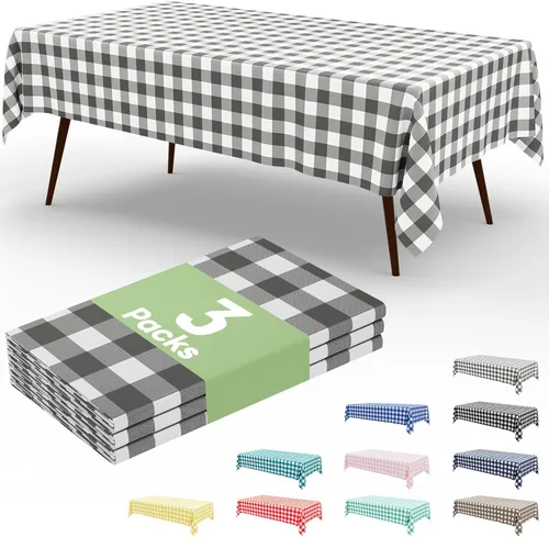 Miniatura 60 de Smiry Paquete de 3 Manteles Desechables de Cuadros Gingham Color Caqui - 54" x 72" Mantel de Plástico de Servicio Pesado, Cubiertas de Mesa