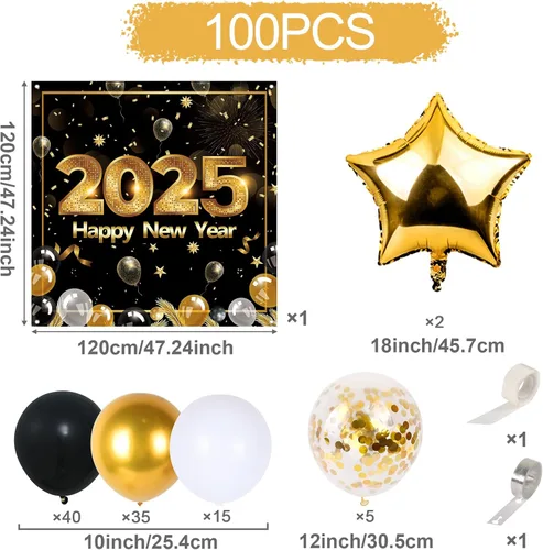 Miniatura 4 de Suministros para fiesta de Año Nuevo 2025, decoraciones de Año Nuevo, globos de confeti negro y dorado, kit de arco de guirnalda de globos de feliz