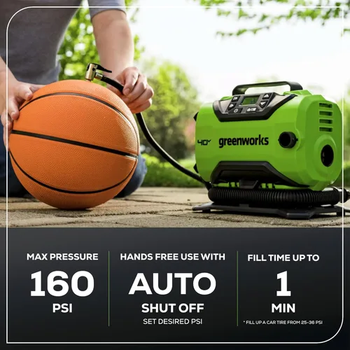 Miniatura 3 de Greenworks Inflador de neumáticos inalámbrico de 24 V con batería USB de 2 Ah y cargador de 2 A, compresor de aire portátil (160 PSI) con apagado