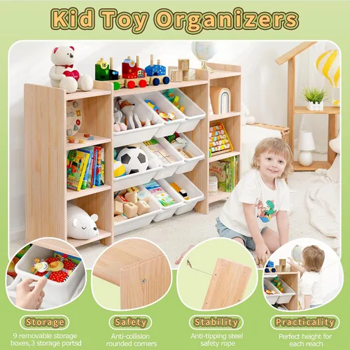 Miniatura 6 de MallBest Estante organizador de almacenamiento de juguetes para niños de 4 niveles, 100% madera maciza, armario de almacenamiento extra ancho